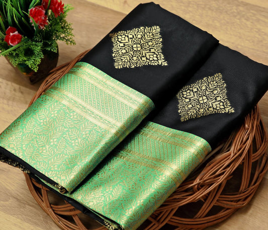 Capricious Black Soft Silk Saree With Attractive Blouse Piece