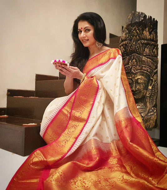 Marvellous Beige Soft Banarasi Silk Saree With Unique Blouse Piece