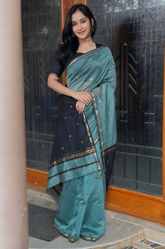 Classy Sea Green Cotton Silk Saree With Gratifying Blouse Piece