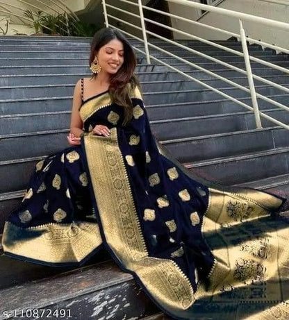 Navy Blue Pure Kanjivaram Silk Saree Soft Design With Blouse Piece