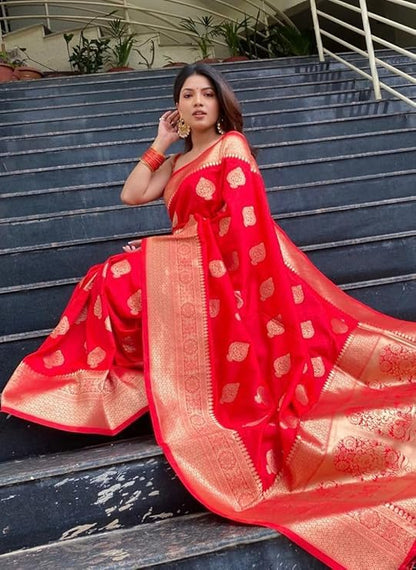 red Pure Kanjivaram Silk Saree Soft Design With Blouse Piece