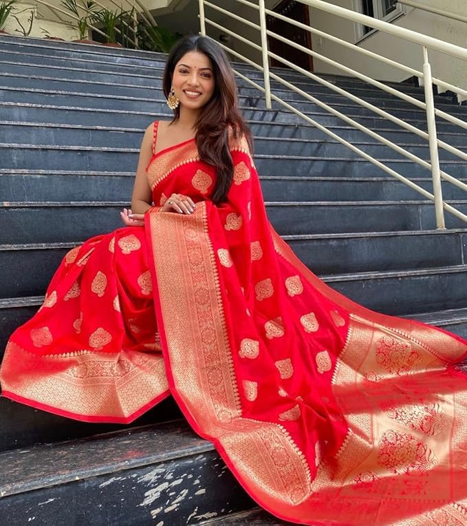 red Pure Kanjivaram Silk Saree Soft Design With Blouse Piece