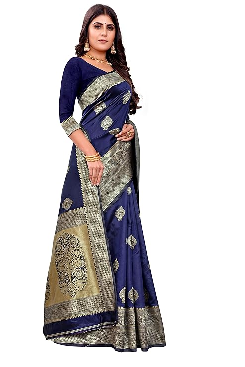 Navy Blue Pure Kanjivaram Silk Saree Soft Design With Blouse Piece