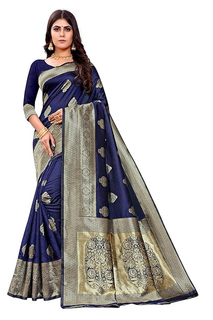 Navy Blue Pure Kanjivaram Silk Saree Soft Design With Blouse Piece