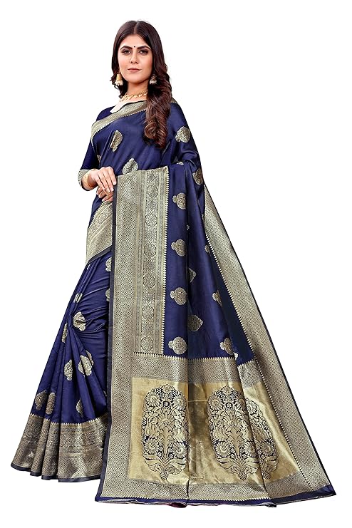 Navy Blue Pure Kanjivaram Silk Saree Soft Design With Blouse Piece