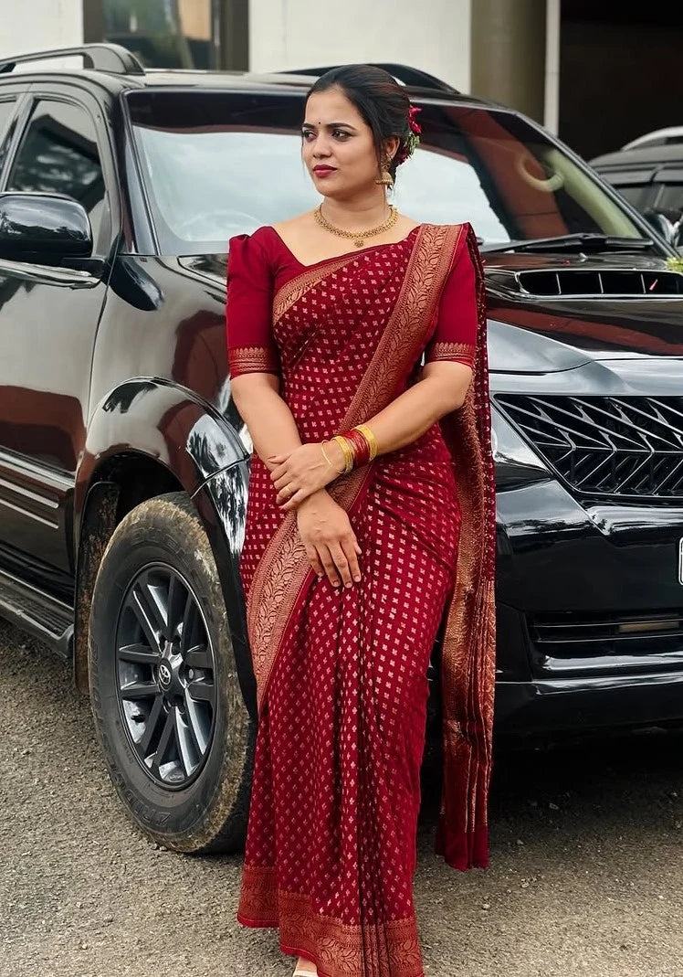 Lovely Wine Soft Silk Saree With Outstanding Blouse Piece