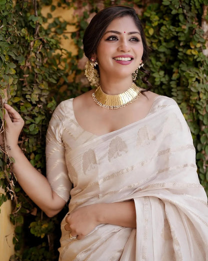 Amazing Off White Soft Silk Saree With Marvellous Blouse Piece