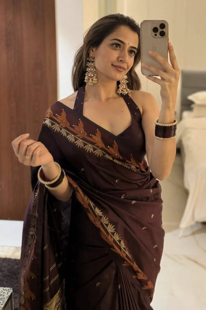 Vibrant Brown Soft Silk Saree With Excellent Blouse Piece
