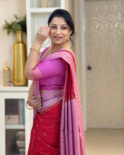 Eclat Red Soft Silk Saree With Blooming Blouse Piece