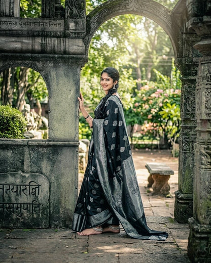black Pure Kanjivaram Silk Saree Soft Design With Blouse Piece