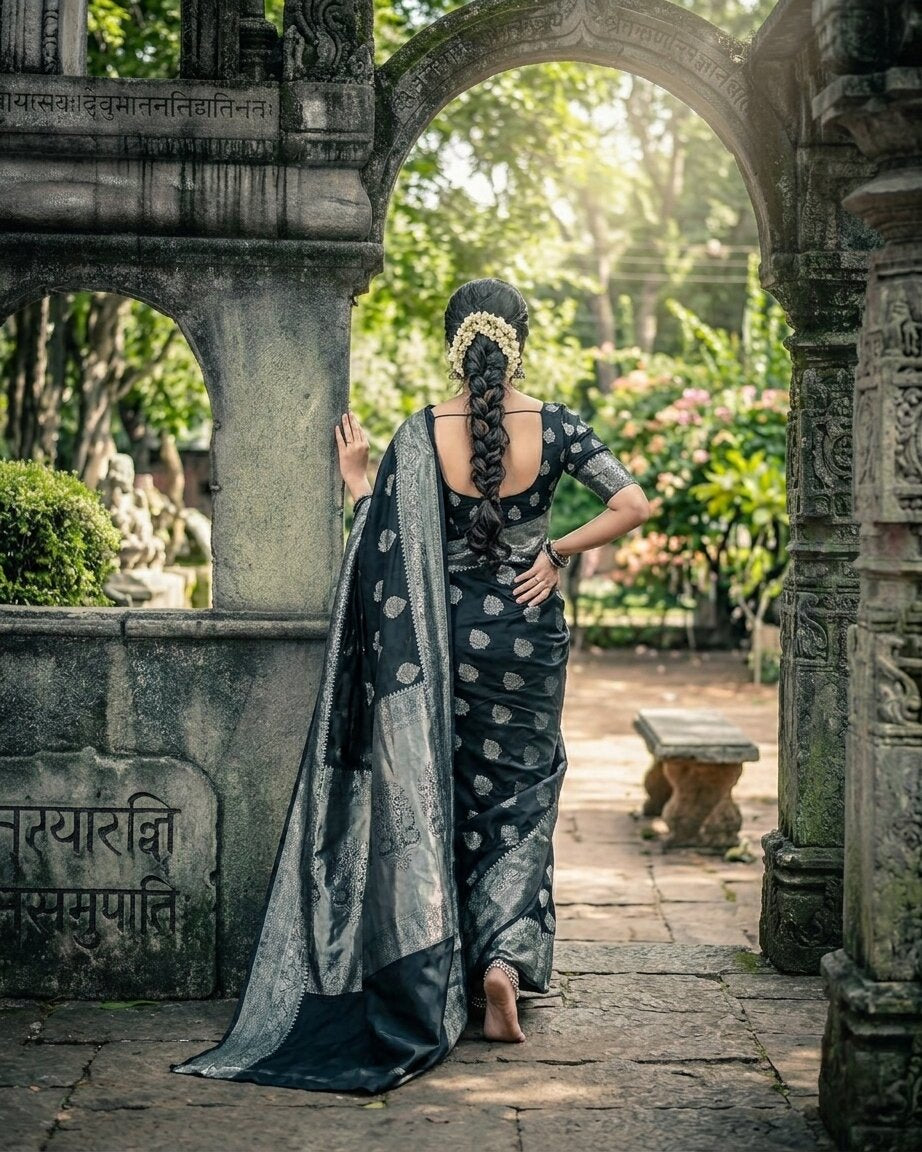 black Pure Kanjivaram Silk Saree Soft Design With Blouse Piece