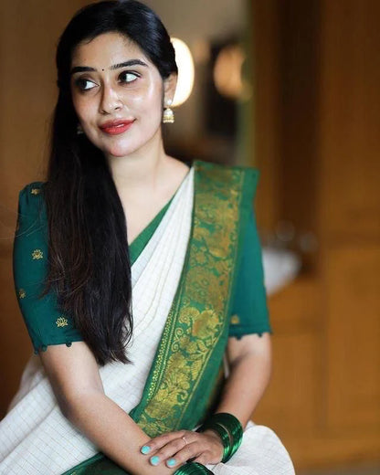 Beauteous Off White Soft Banarasi Silk Saree With Desirable Blouse Piece