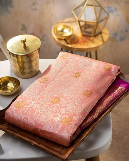 Gleaming Pink Soft Banarasi Silk Saree With Improbable Blouse Piece