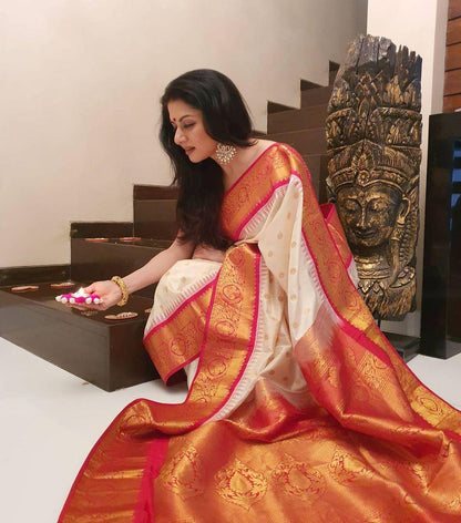 Marvellous Beige Soft Banarasi Silk Saree With Unique Blouse Piece