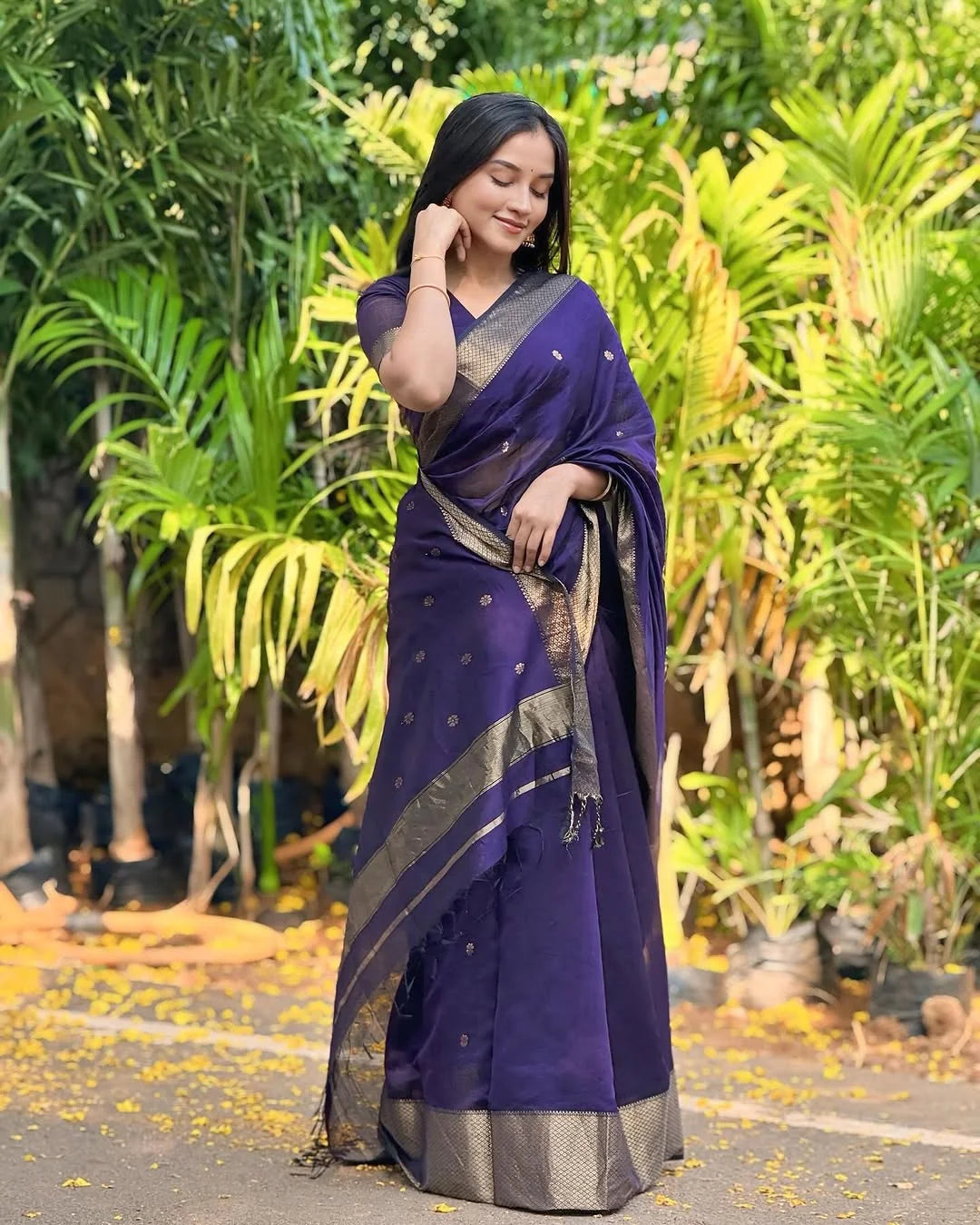Attractive Purple Cotton Silk Saree With Incredible Blouse Piece