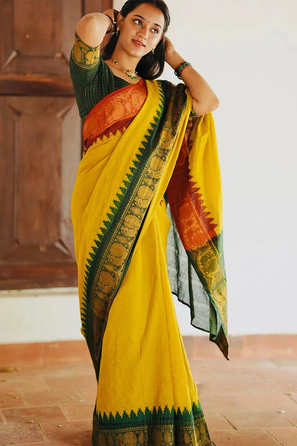 Flamboyant Yellow Soft Silk Saree With Ailurophile Blouse Piece