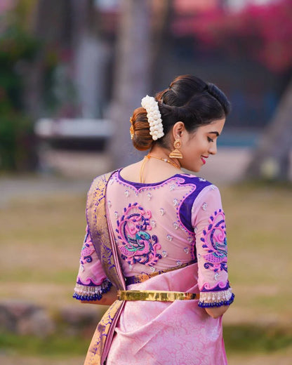 Scintilla Pink Soft Banarasi Silk Saree With Two Palimpsest Blouse Piece