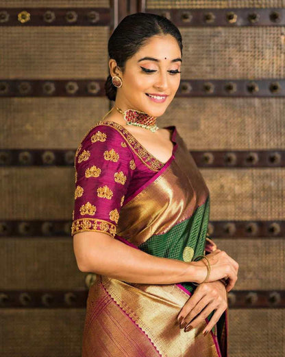 Dazzling Green Soft Banarasi Silk Saree With Girlish Blouse Piece
