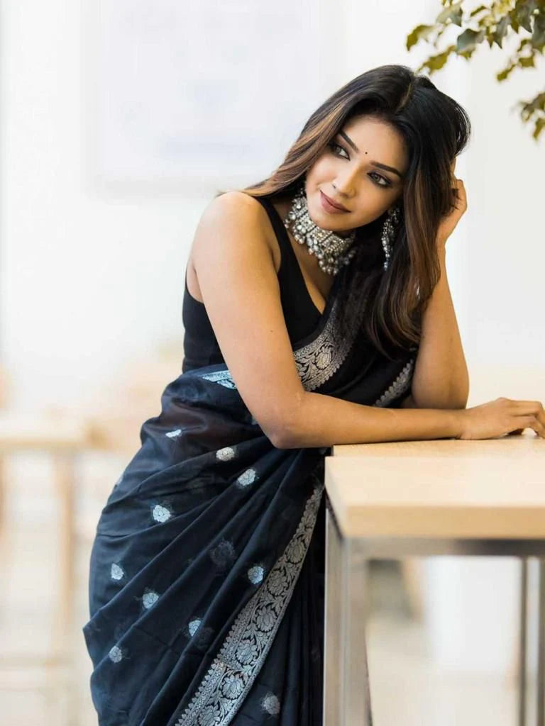 Nemesis Black Soft Silk Saree With Artistic Blouse Piece