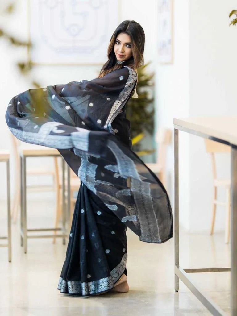Nemesis Black Soft Silk Saree With Artistic Blouse Piece