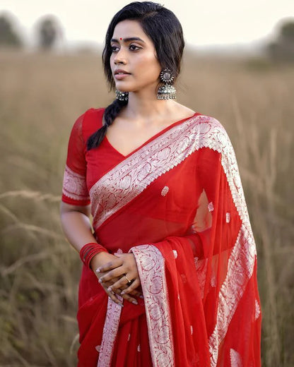 Designer Red Soft Silk Saree With Arresting Blouse Piece