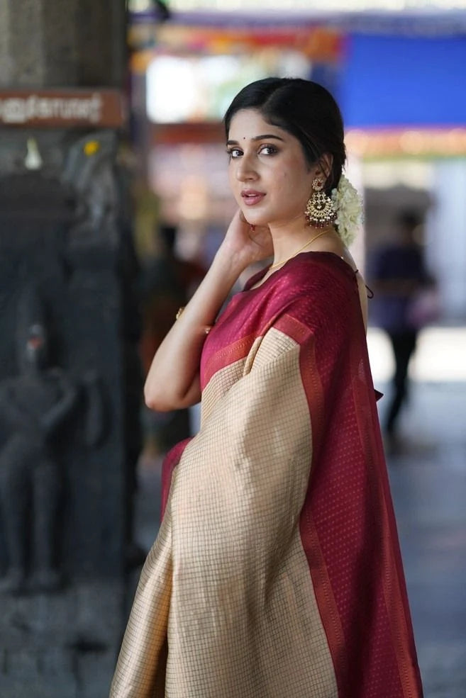 Ethnic Beige Soft Silk Saree With Breathtaking Blouse Piece