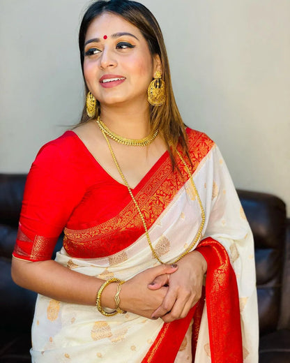 Desuetude White Soft Banarasi Silk Saree with Staring Blouse Piece