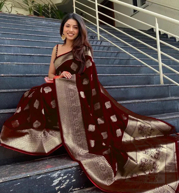 Maroon Pure Kanjivaram Silk Saree Soft Design With Blouse Piece