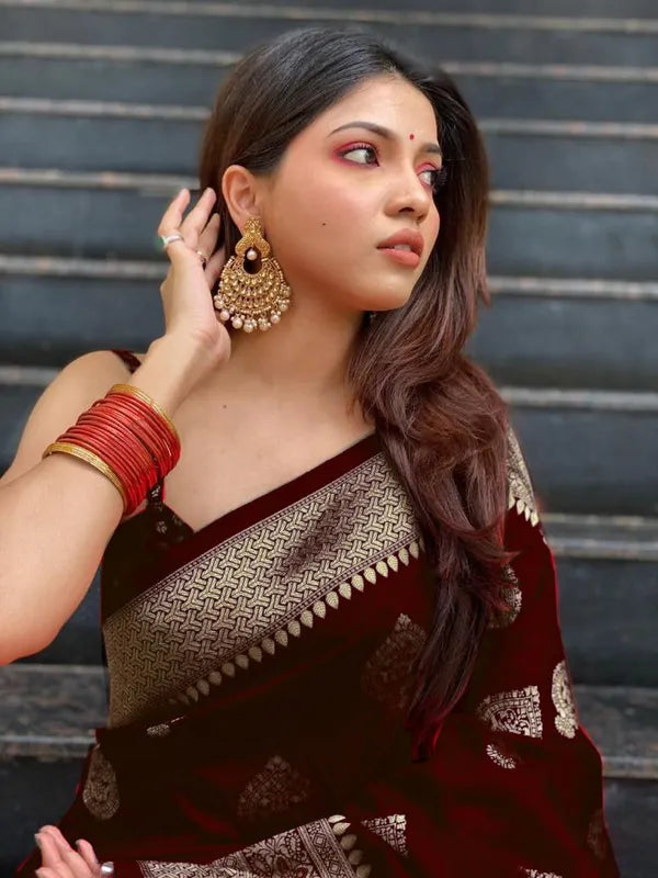 Maroon Pure Kanjivaram Silk Saree Soft Design With Blouse Piece