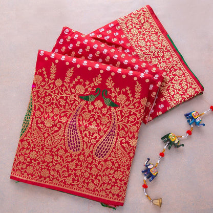 Assemblage Red Soft Banarasi Silk Saree With Demesne Two Blouse Piece