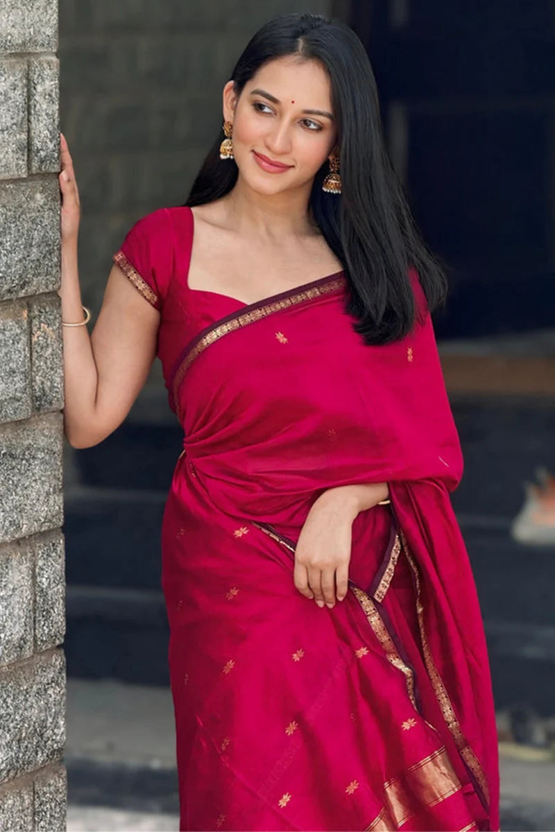 Deserving Dark Pink Cotton Silk Saree With Gorgeous Blouse Piece
