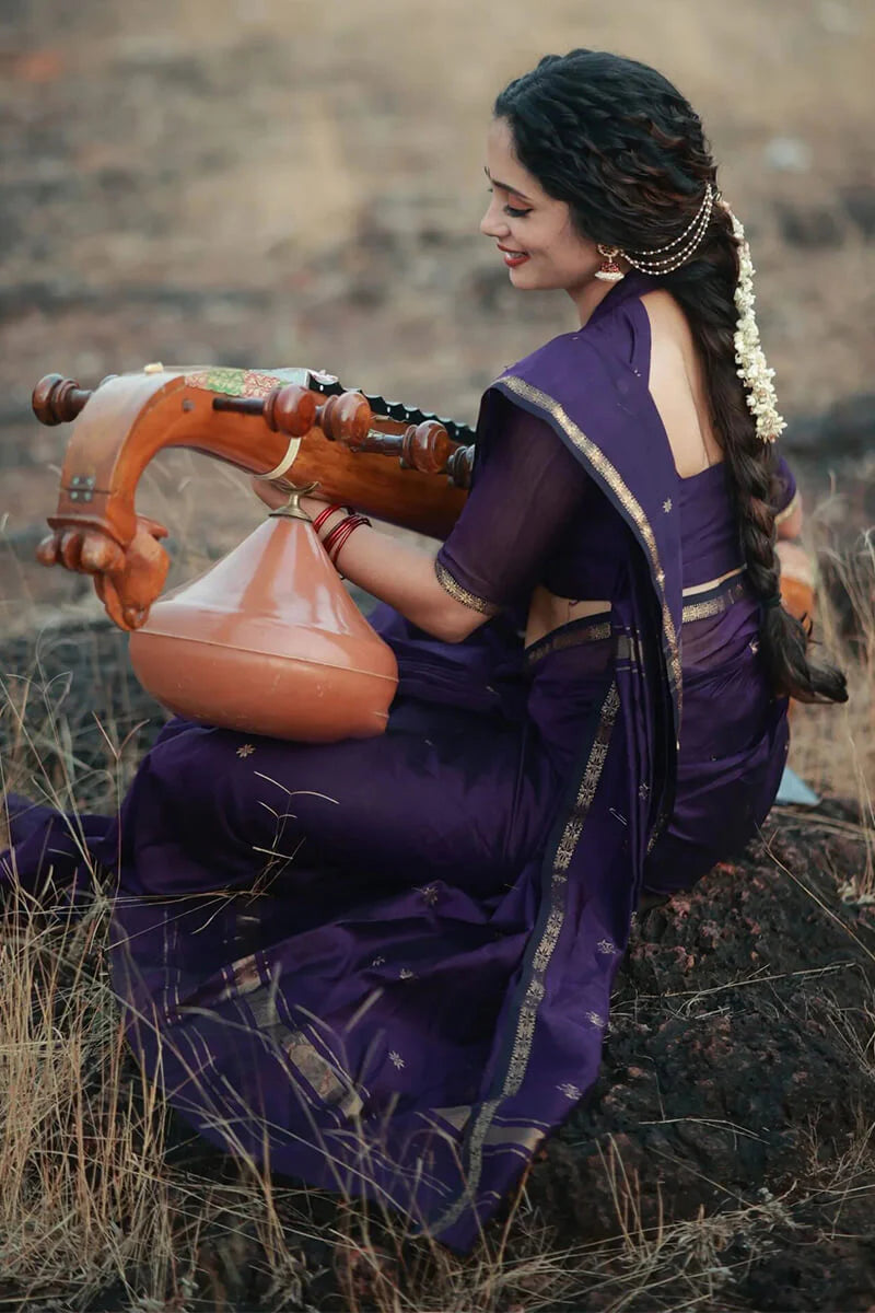 Pleasurable Purple Cotton Silk Saree With Imaginative Blouse Piece
