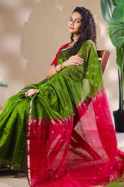Opulent Green Cotton Silk Saree With Demanding Blouse Piece