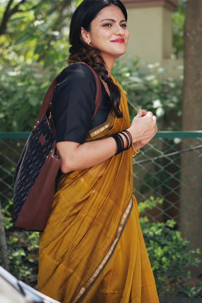 Ethnic Mustard Cotton Silk Saree With Glorious Blouse Piece