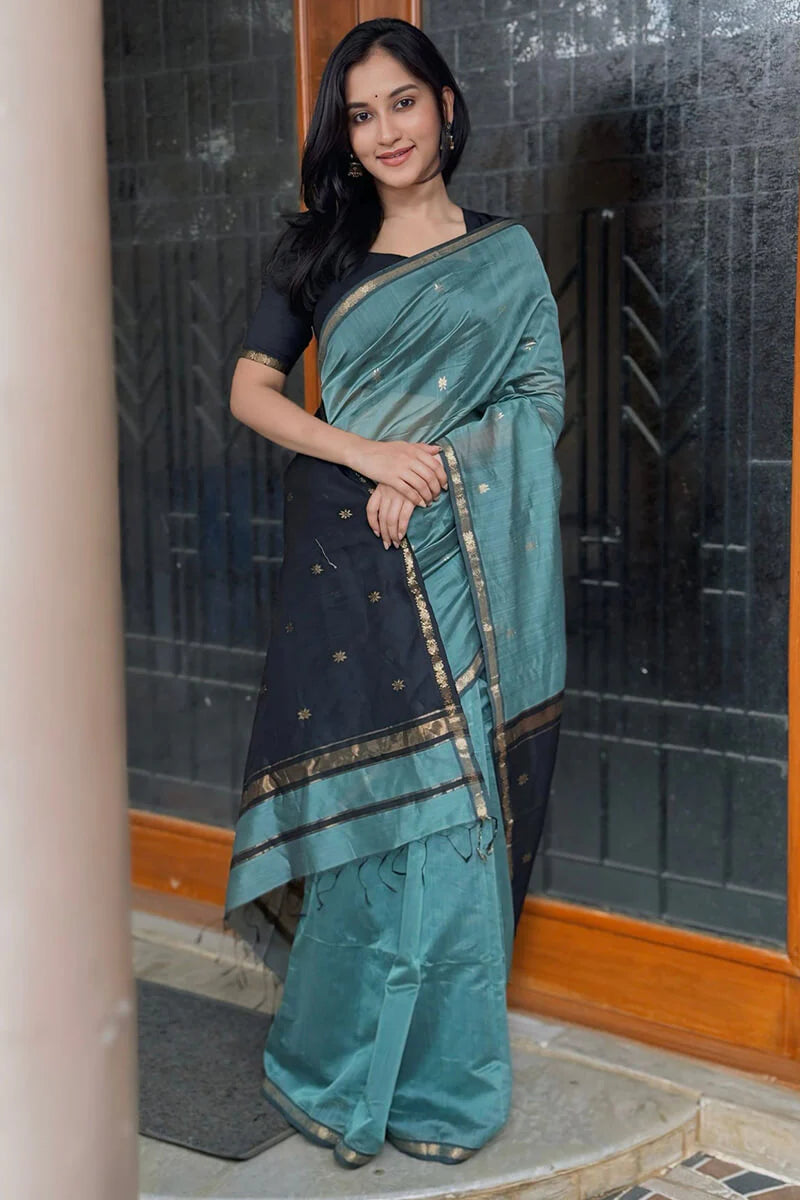 Classy Sea Green Cotton Silk Saree With Gratifying Blouse Piece